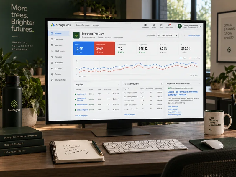 Illustrative Google Ads campaign dashboard for tree care services on an agency workspace monitor.
