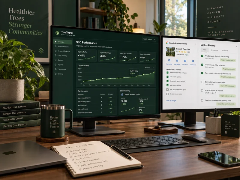 Illustrative tree care SEO workspace with local visibility, service keywords and content planning on two monitors.