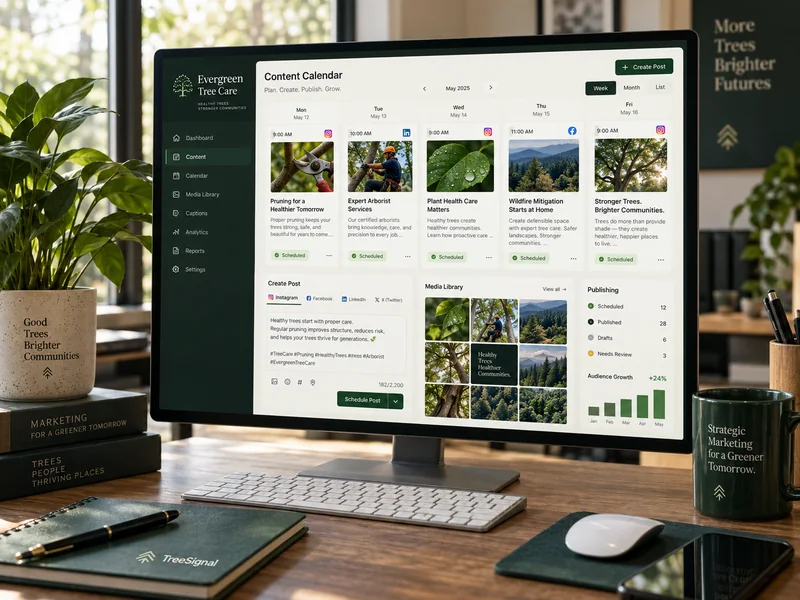 Illustrative social publishing workspace with a tree care content calendar and branded post drafts.