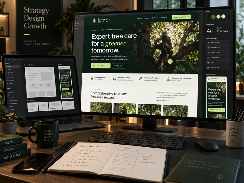 Illustrative tree care website design workspace showing a desktop layout, mobile preview and page editor.